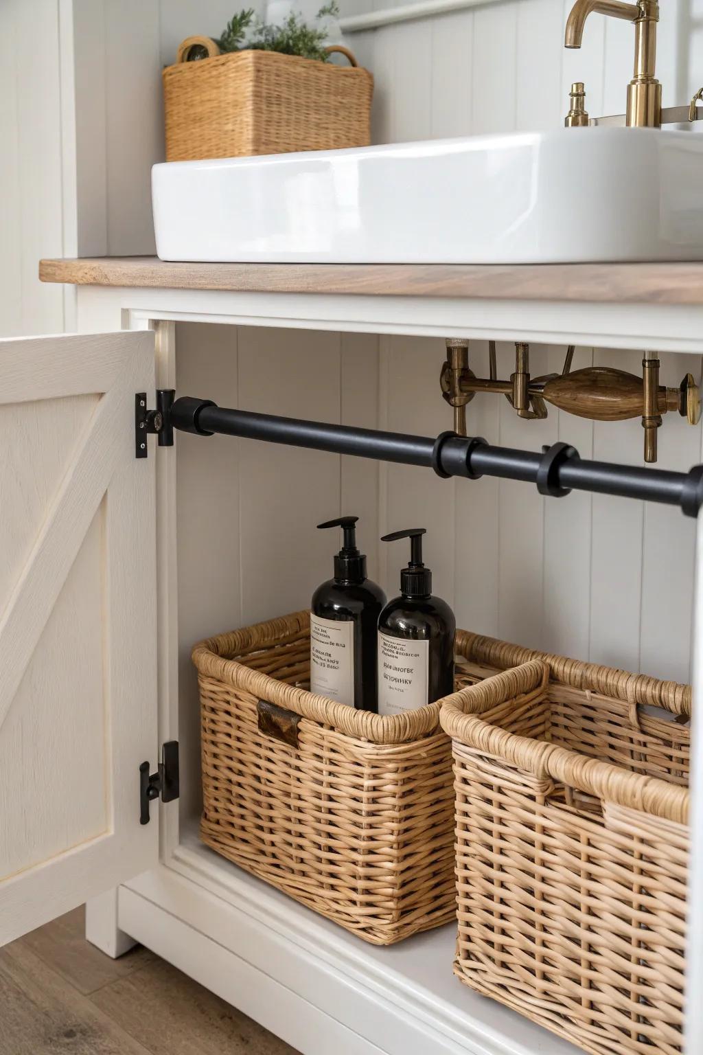 Transform your bathroom storage with the Tension Rod Trick – where Scandinavian simplicity meets Boho elegance. 🌿✨