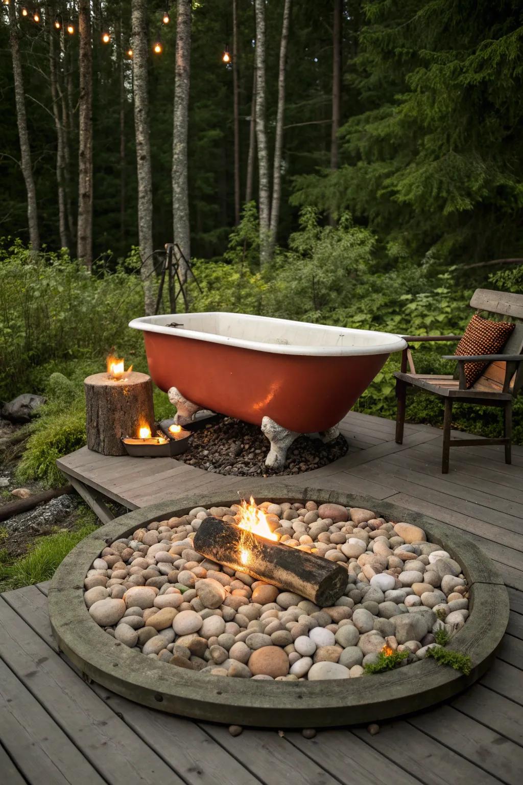 Transform relaxation into warmth: A vintage tub becomes the heart of your outdoor oasis.