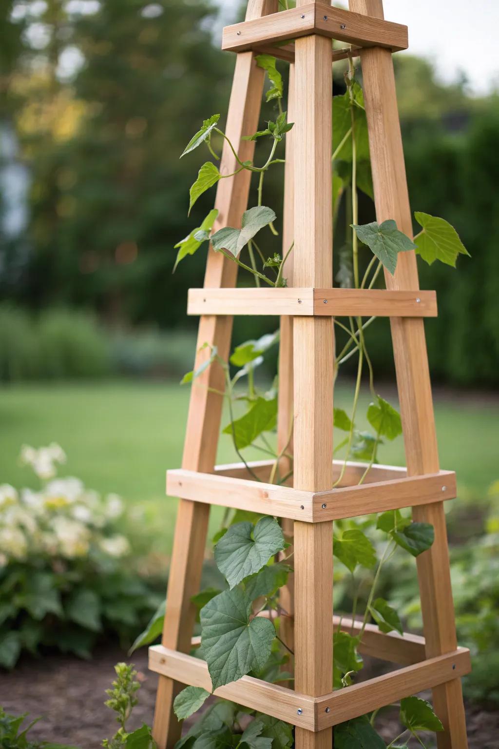 Elevate your garden with a stunning wooden obelisk trellis—where elegance meets functionality.