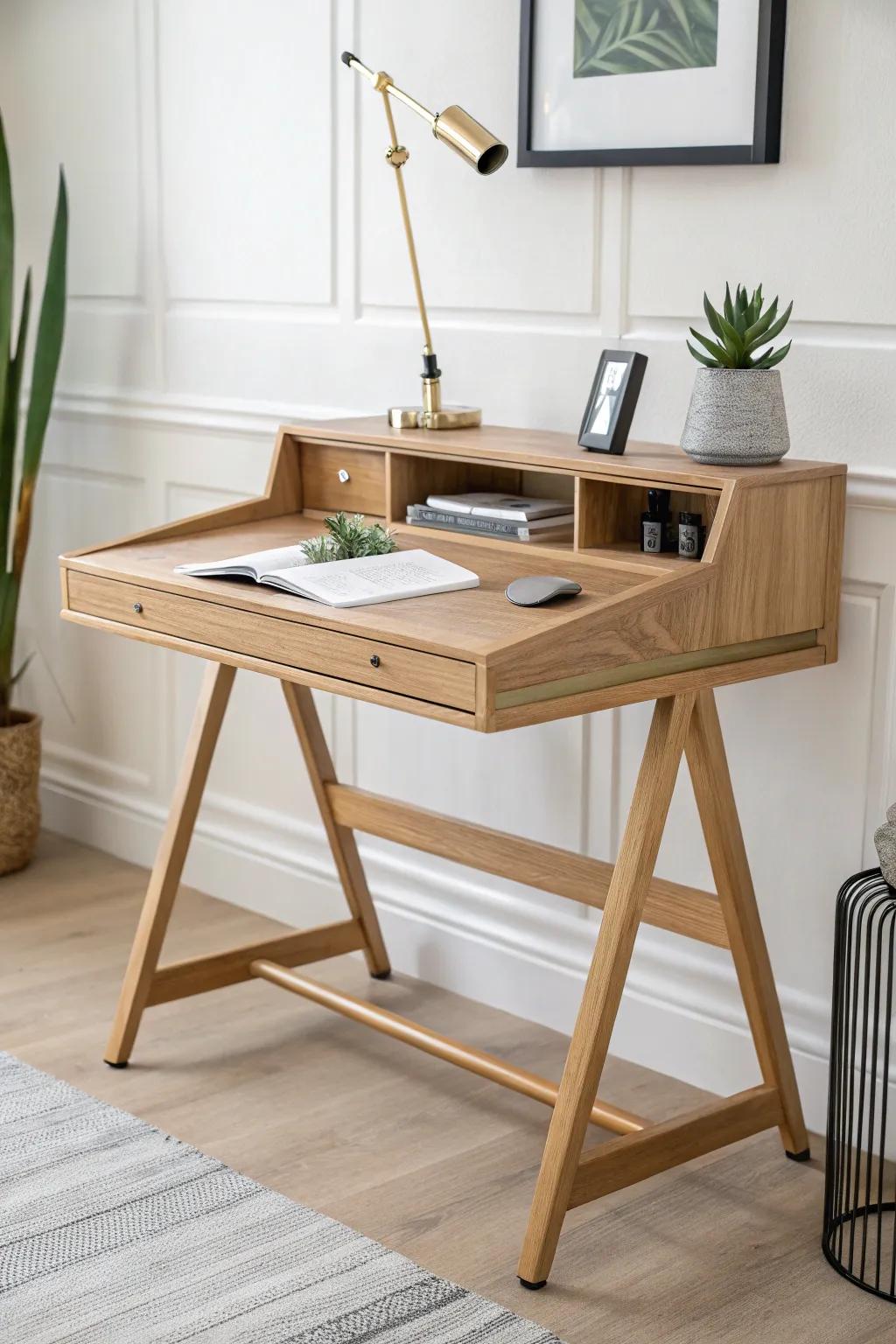 Elevate your workspace with this stunning adjustable height desk – where Scandinavian simplicity meets boho elegance.
