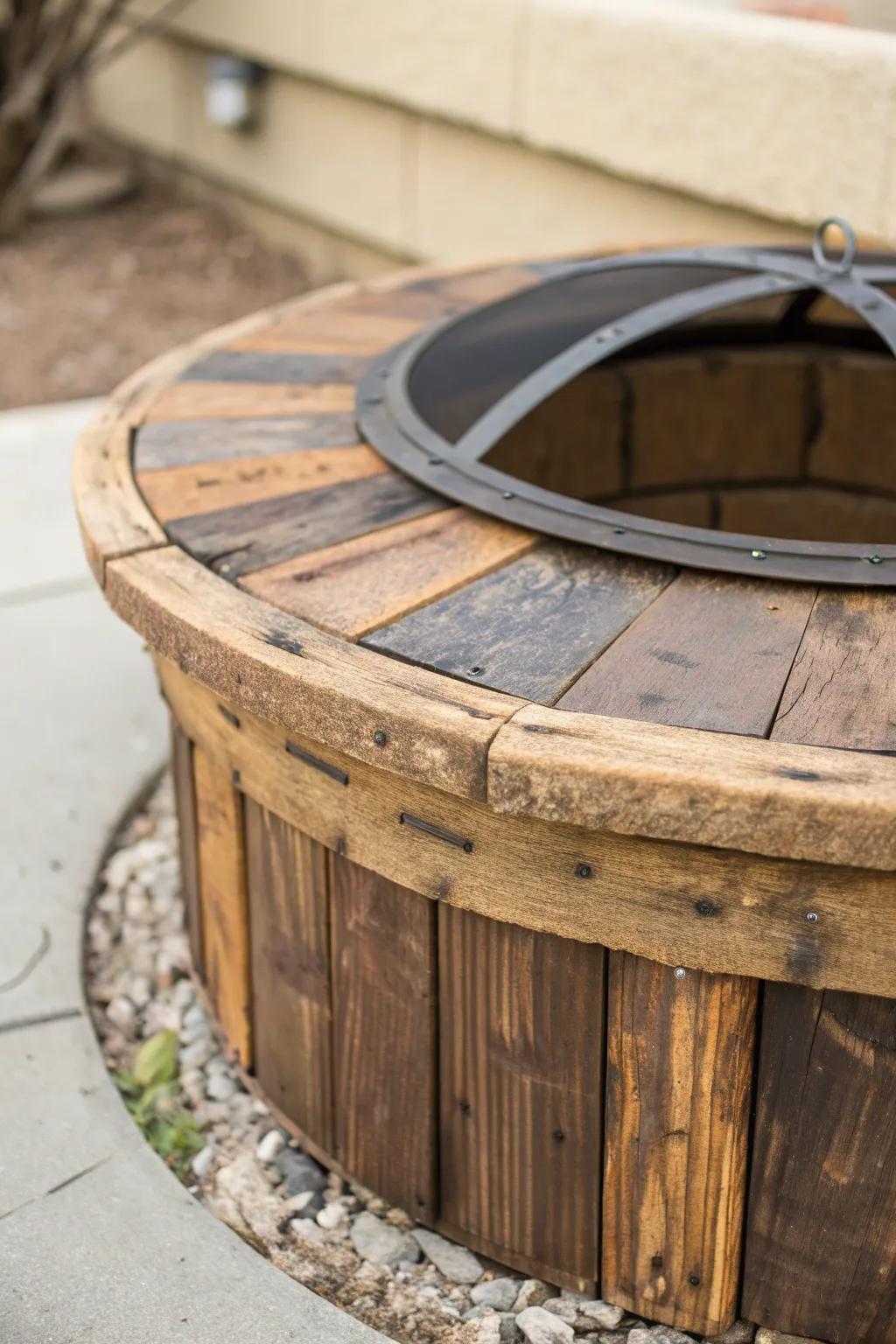 Transform your firepit with a timeless, weathered wood cover that exudes vintage charm.