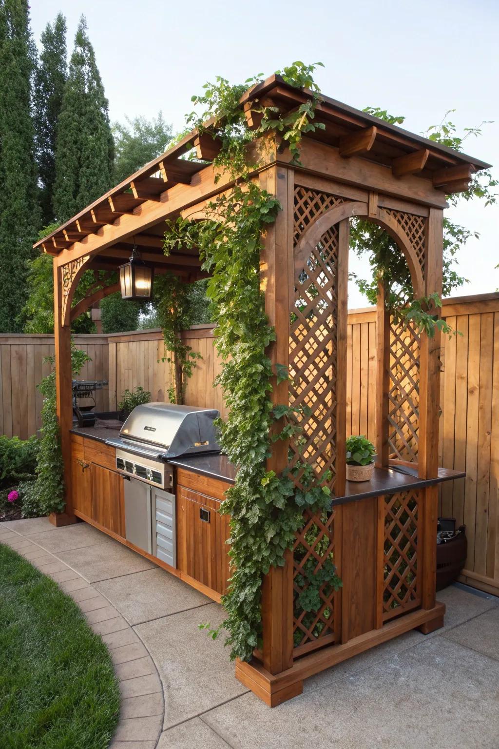 Elevate your outdoor space with a handcrafted grill gazebo featuring stunning trellis sides for a touch of nature and elegance.