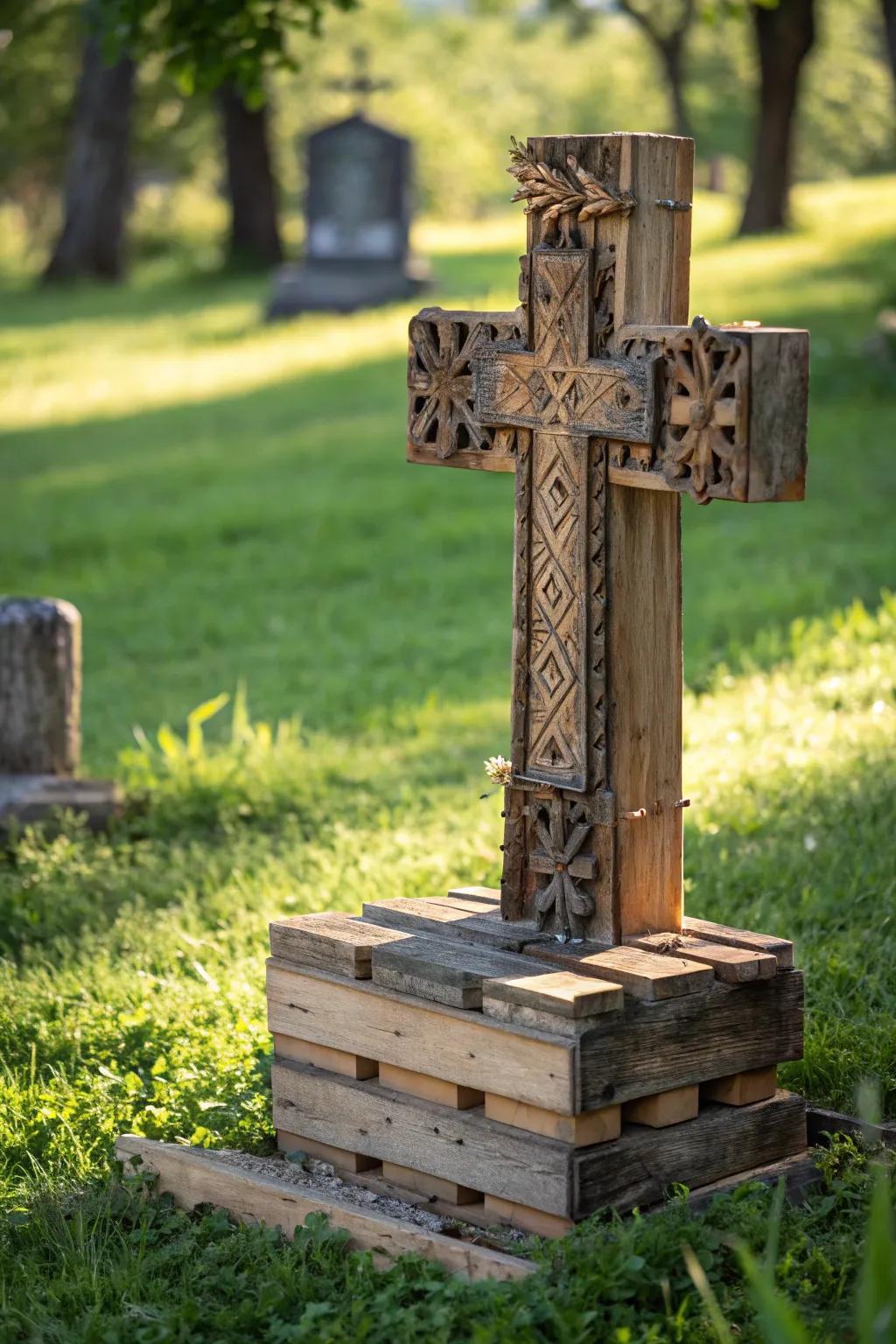 Embrace sustainability with a handcrafted headstone made from upcycled materials, merging rustic charm with eco-friendly creativity.