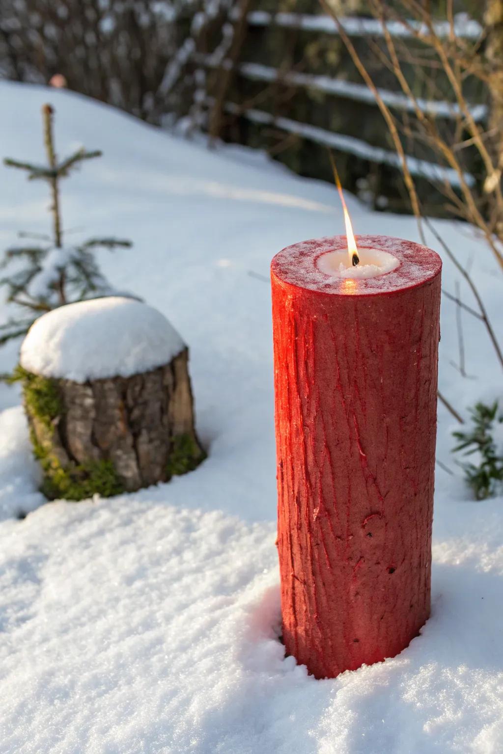 Illuminate your outdoor space with a touch of handmade elegance. These oversized DIY Christmas candles are perfect for creating a warm, festive glow against a snowy backdrop.