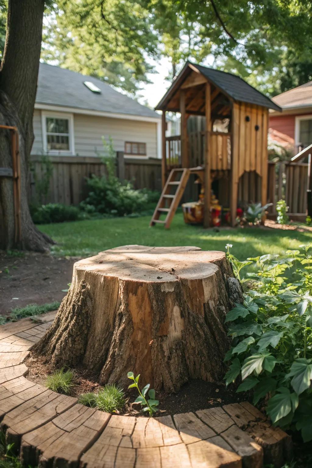 Transform an old tree stump into a centerpiece of outdoor play and relaxation—nature's own masterpiece!