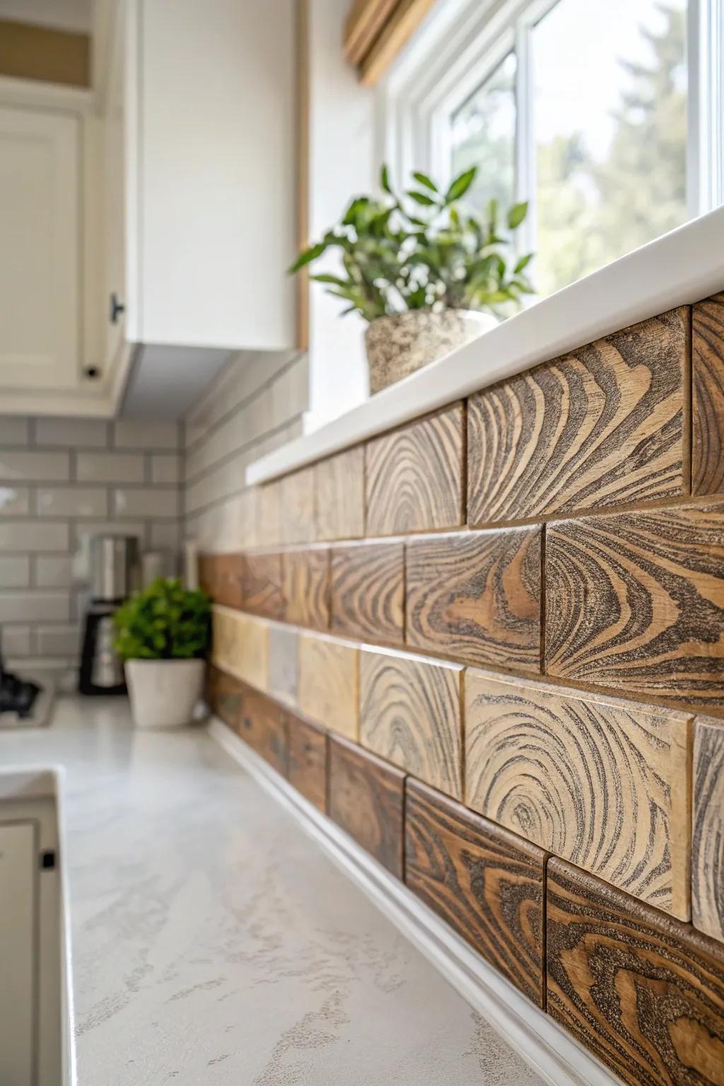 Transform your kitchen with a rustic wood panel effect for a cozy, inviting vibe.