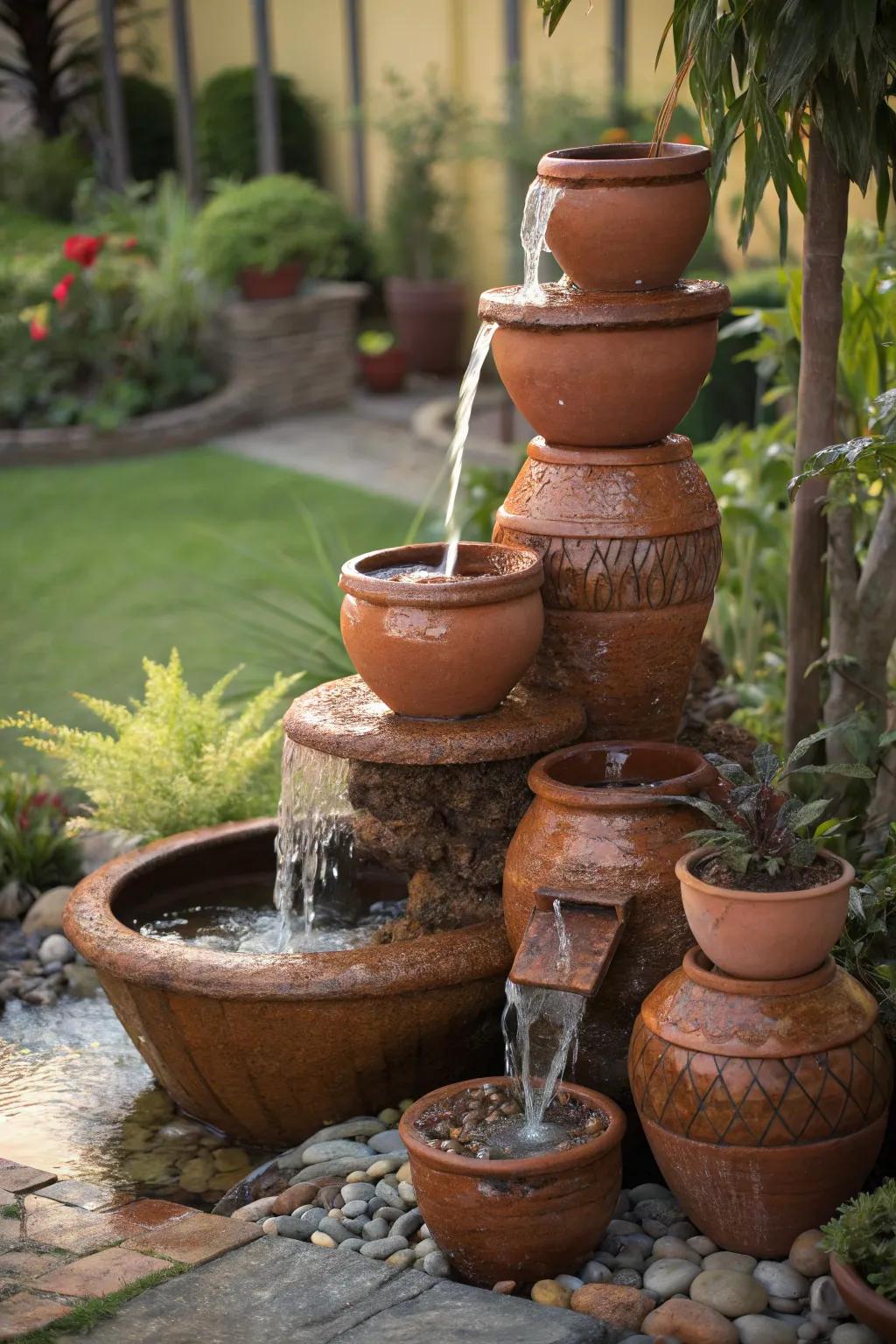 Transform your garden into a tranquil oasis with a rustic tiered pot waterfall.