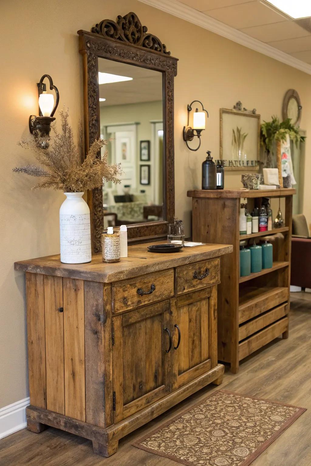 Transform your space into a rustic retreat with this charming DIY salon station, where vintage elegance meets modern minimalism.