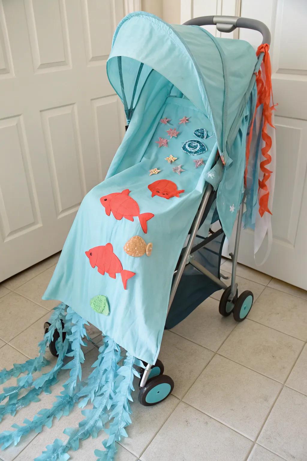 Dive into oceanic elegance with this DIY 'Under the Sea' stroller costume – where simplicity meets bold beauty!