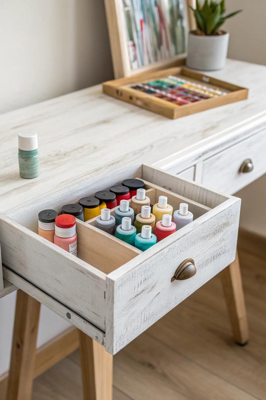 Transform your workspace with this chic craft paint storage solution: where organization meets artistry.