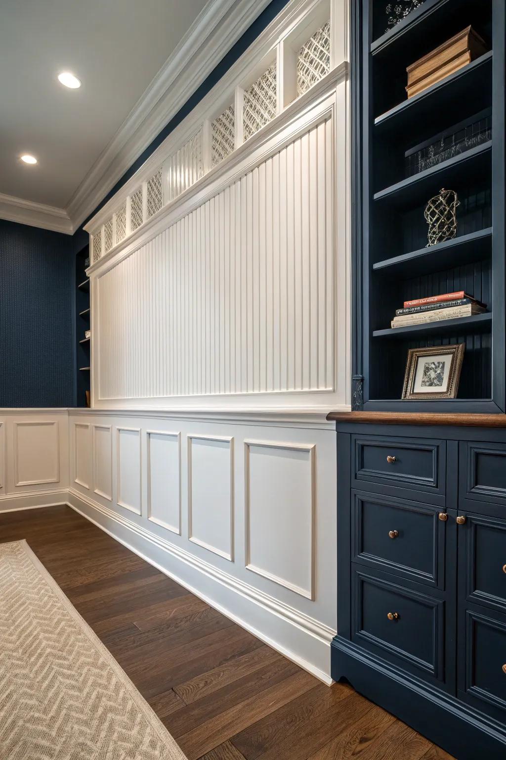 Elevate your space with a stunning blend of beadboard and flat panel wainscoting for a truly bespoke look.