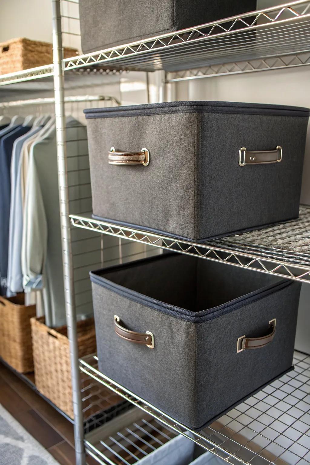 Elevate your closet game with stylish uniformity: matching bins for a seamless, organized look.