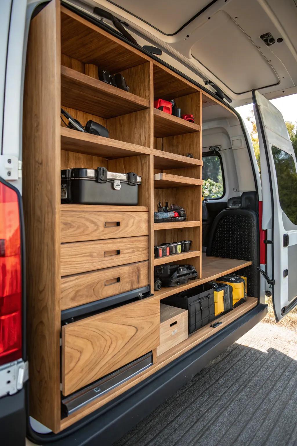 Maximize your van space with stylish and functional corner shelving solutions.