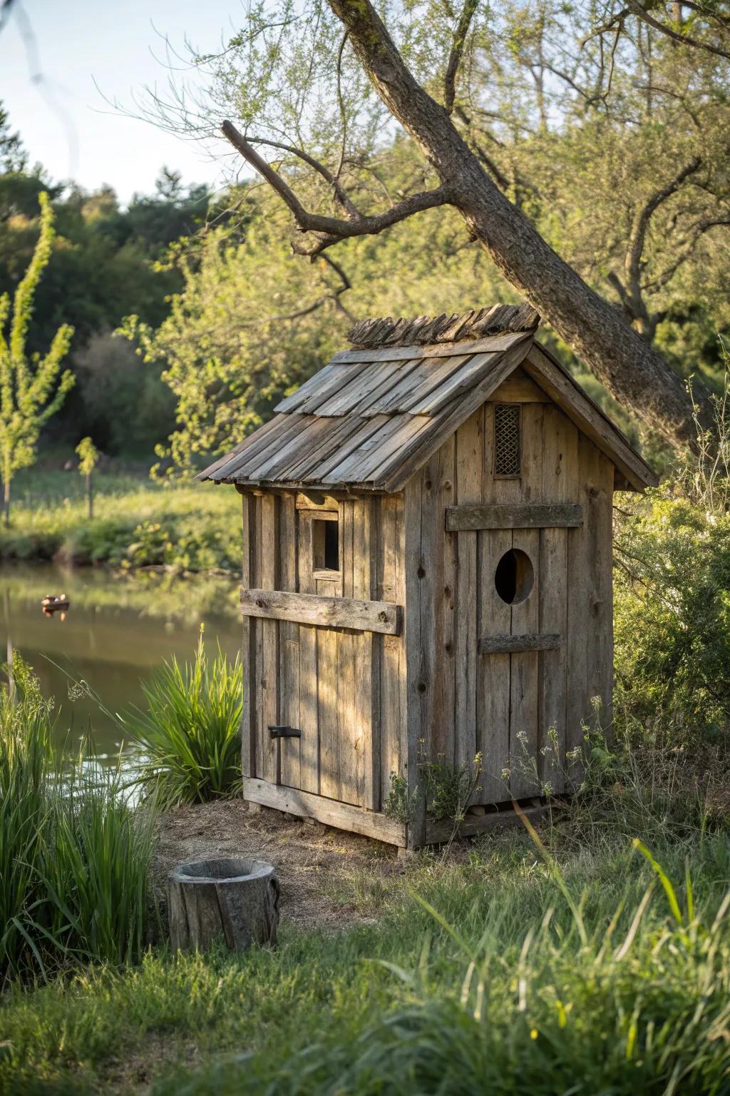 Embrace the charm of rustic craftsmanship with this reclaimed wood duck house, a perfect blend with nature's beauty.