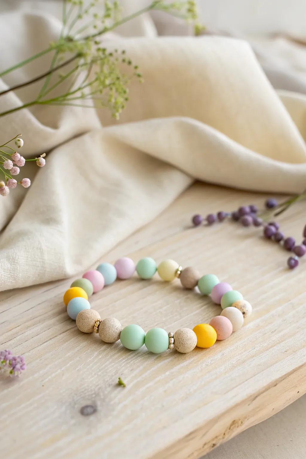 Discover the hidden treasures of Easter with this stunning clay bead bracelet, where minimalist design meets playful pops of color.