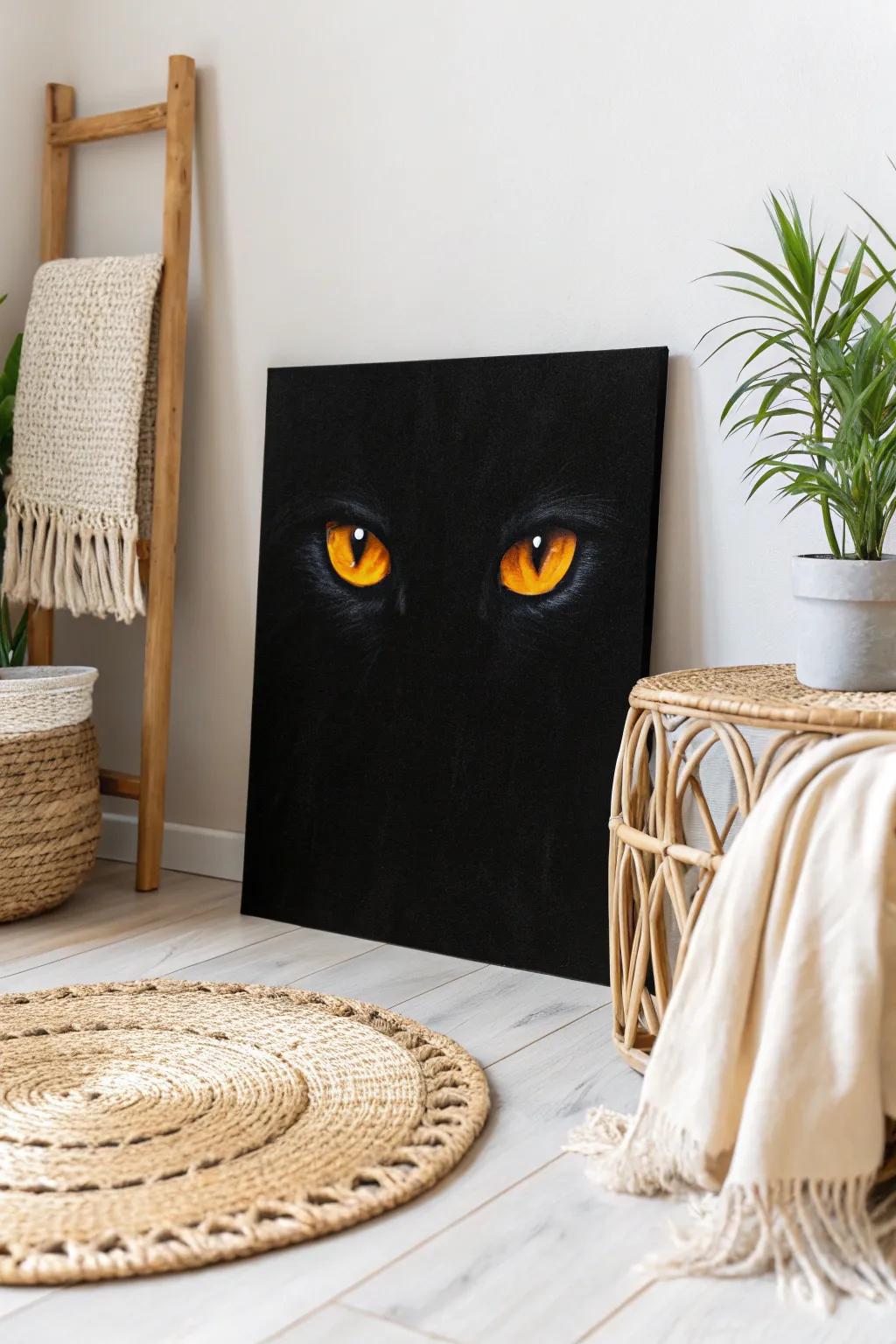 Illuminate the mystery: glowing eyes in darkness on a minimalist canvas.
