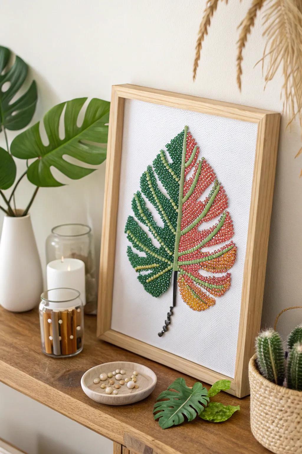 Bring nature indoors with this charming Perler bead leaf accent, perfect for adding a touch of greenery to your space without the upkeep.