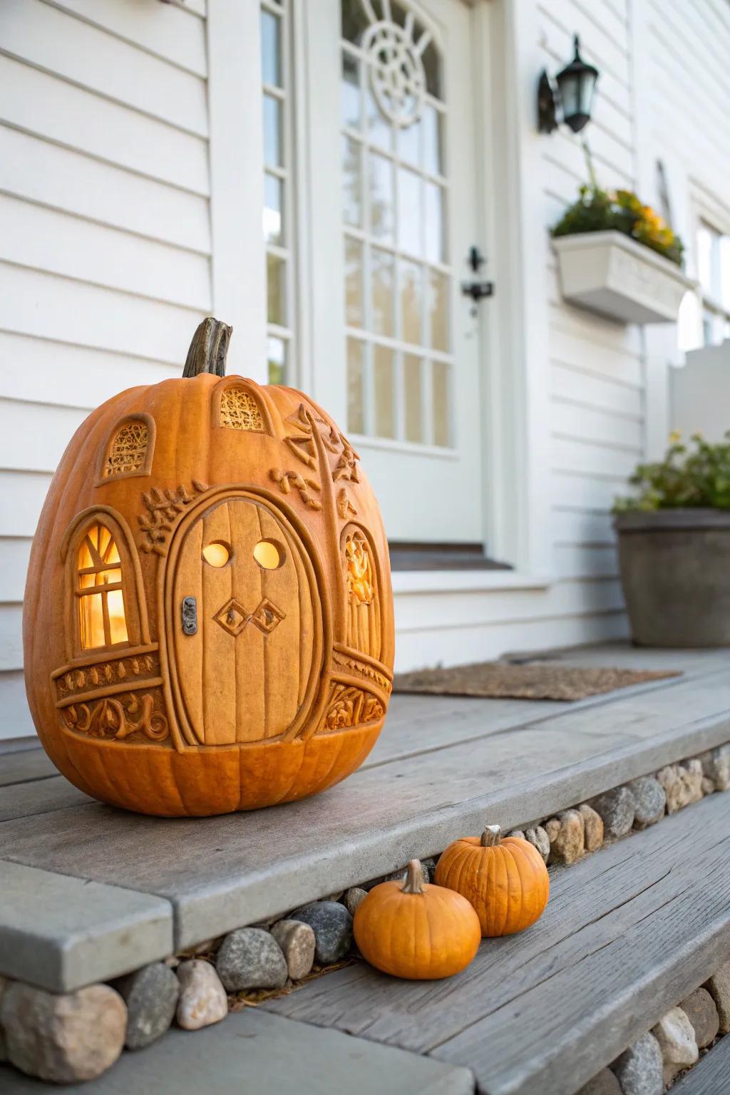 Transform your pumpkin into a fairy tale wonder with charming carved doors and windows. 🎃✨ #PumpkinMagic #ScandiBoho
