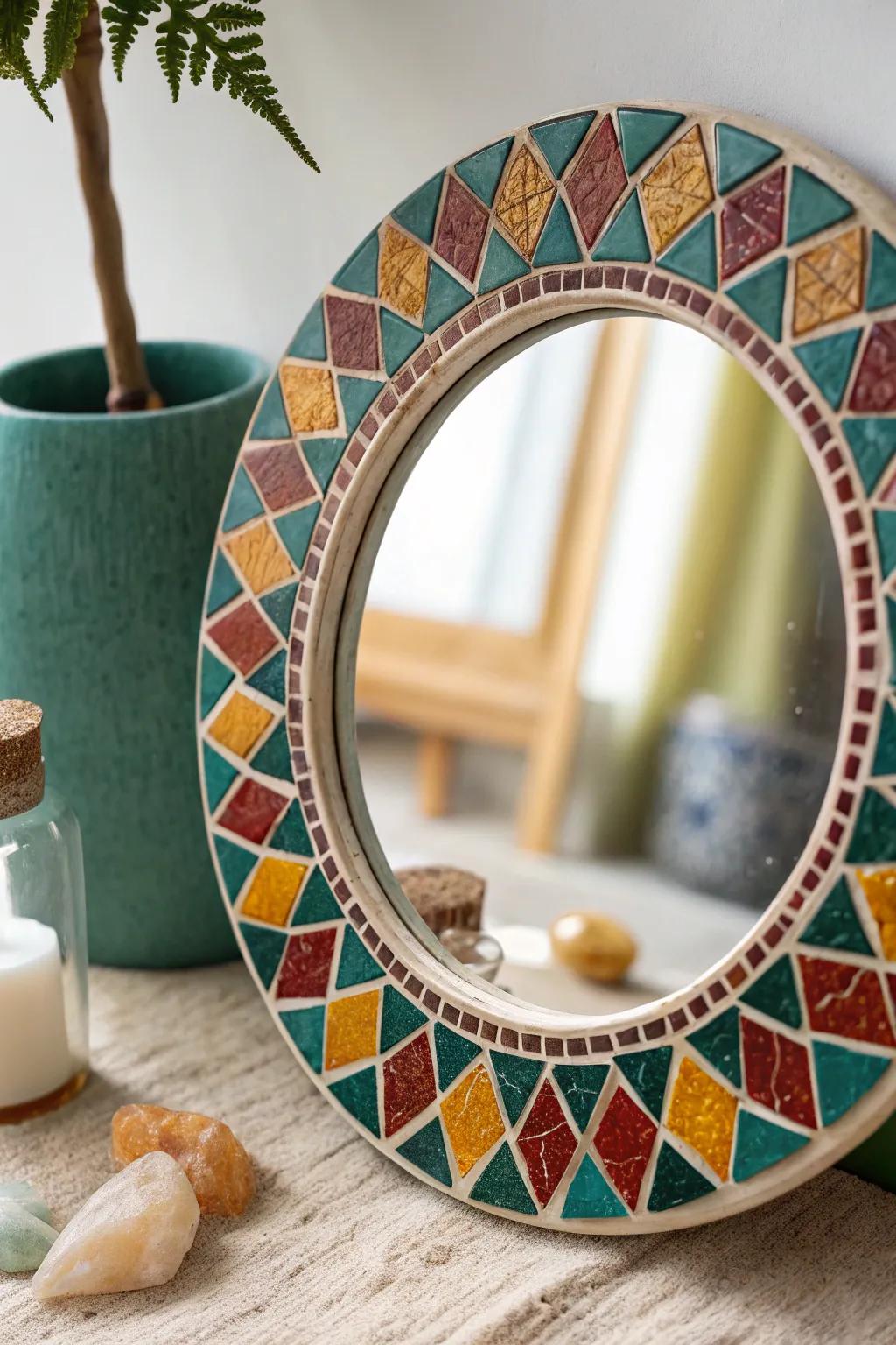 Transform your mirror into a statement piece with a stunning mosaic frame that blends simplicity with vibrant elegance.
