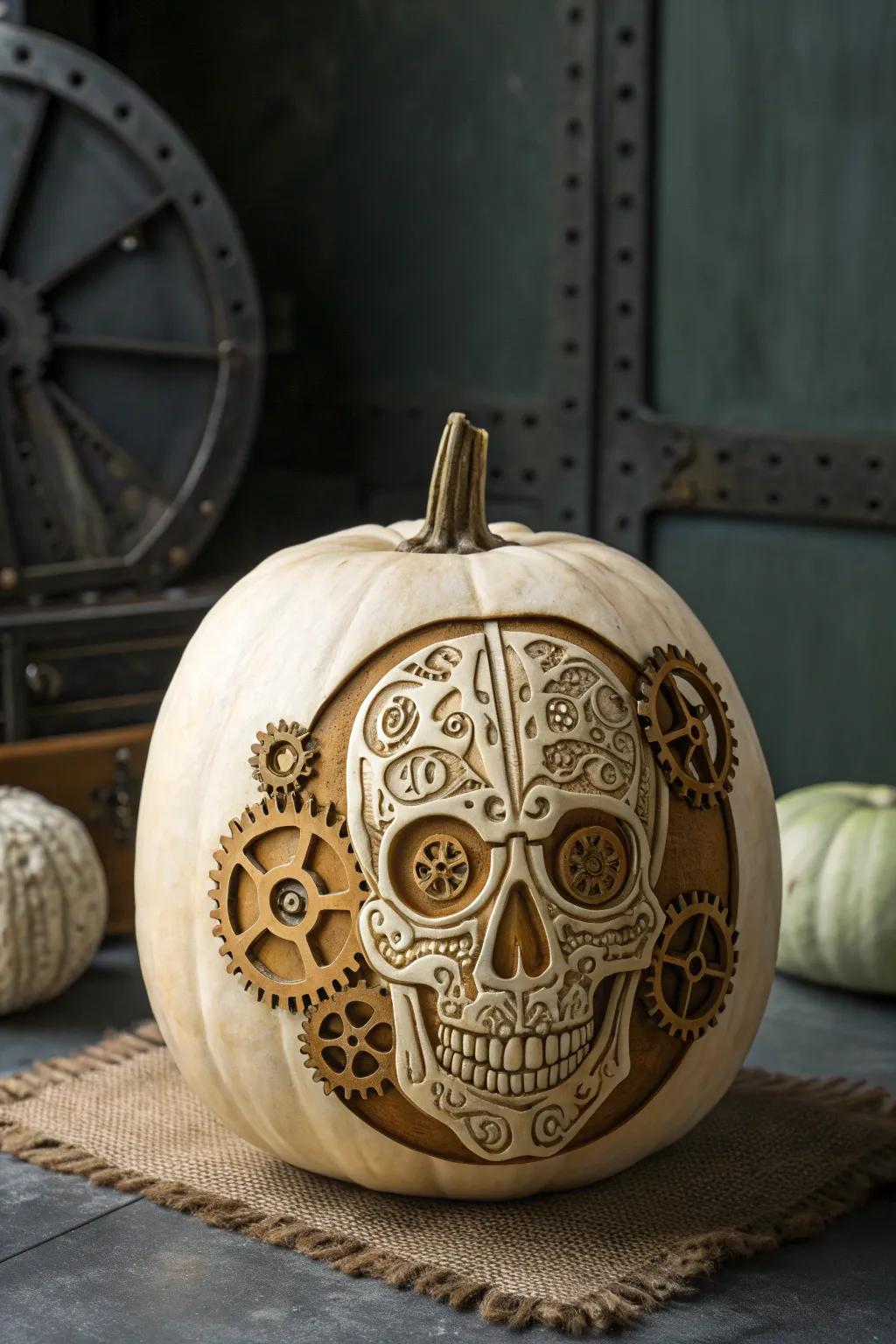 Elevate your decor with a steampunk skull pumpkin – where artistry meets industrial flair.
