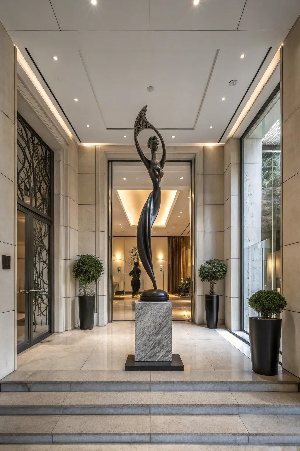 A sculpture adds an artistic and surprising element to the entryway.
