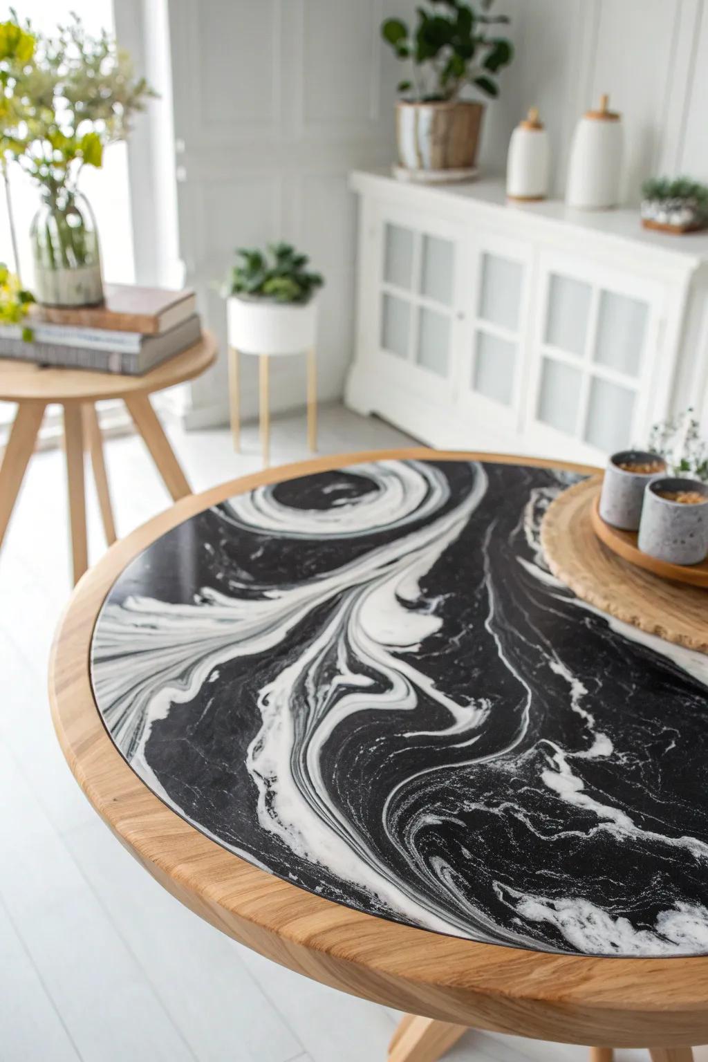 Transform your space with the captivating allure of black and white epoxy art – where modern design meets timeless elegance.