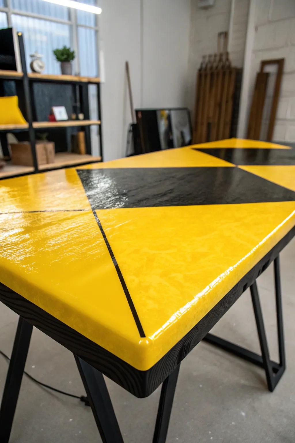 Elevate your space with a bold statement: a modern epoxy table with striking color blocks that embody the art of craftsmanship.