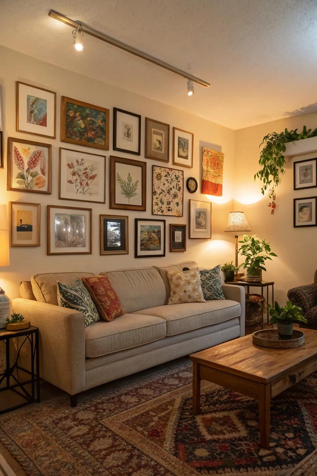 An eclectic gallery wall adds charm to this European-inspired living room.