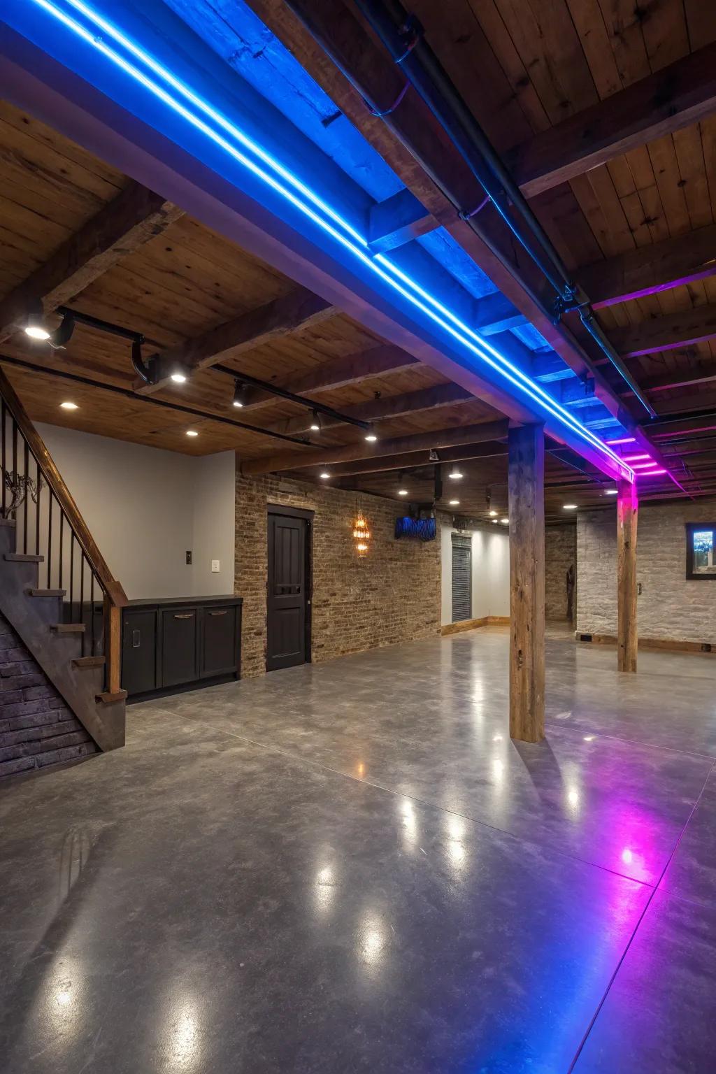 Elevate your basement with vibrant LED lighting for a dynamic and playful atmosphere.