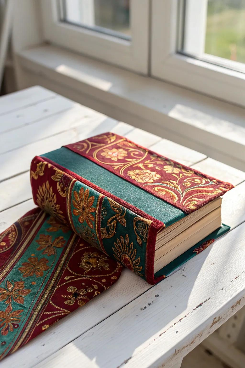 Transform your reads into boho treasures with vibrant sari fabric covers.