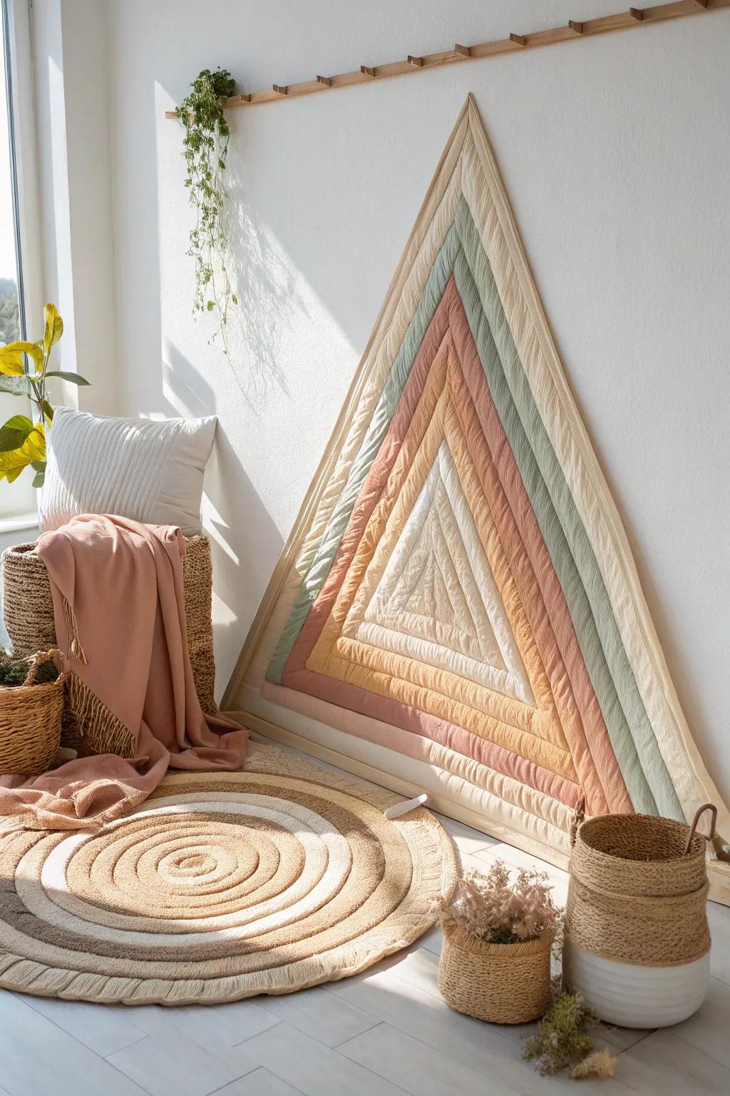 Embrace simplicity with a modern geometric fabric collage that adds a touch of elegance and craftsmanship to your space.
