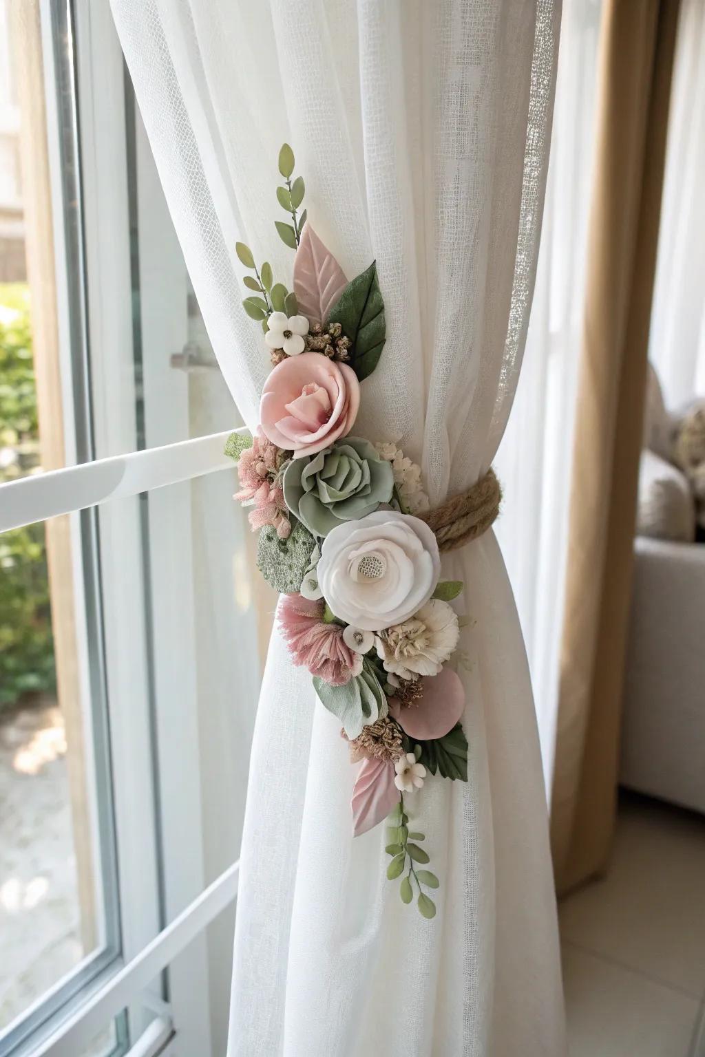 Add a whimsical touch to your curtains with these enchanting fabric flower tiebacks.