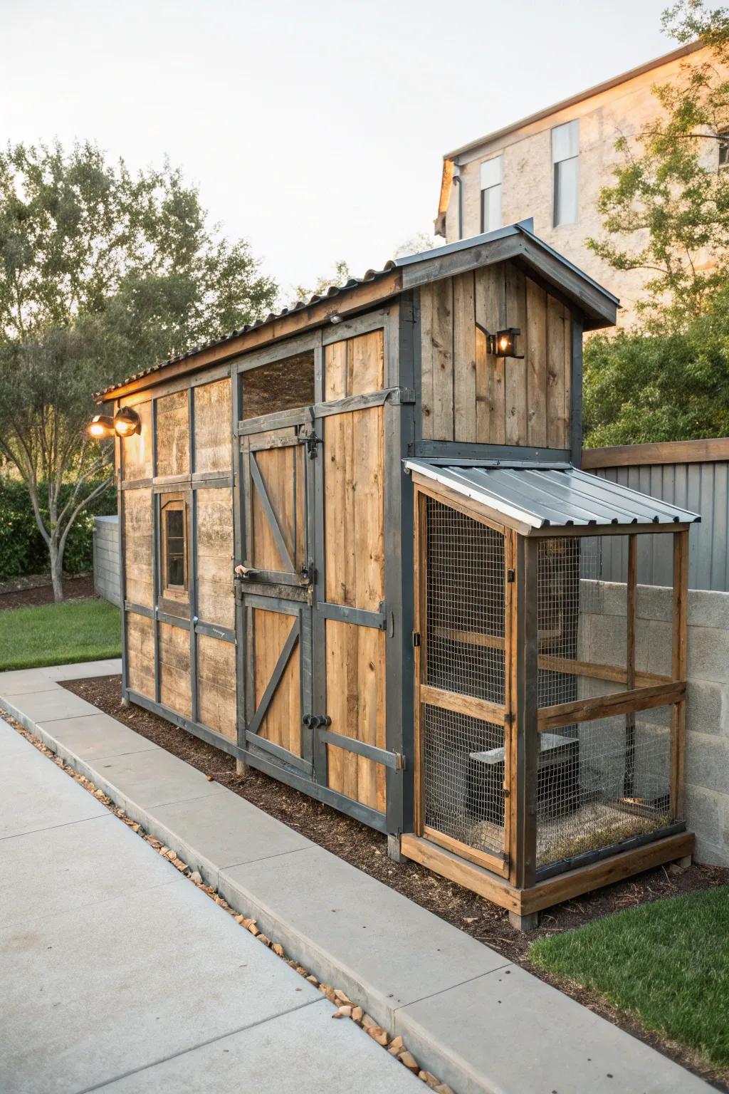 Transform your backyard with an industrial chic chicken coop that blends metal and wood for a striking urban edge.