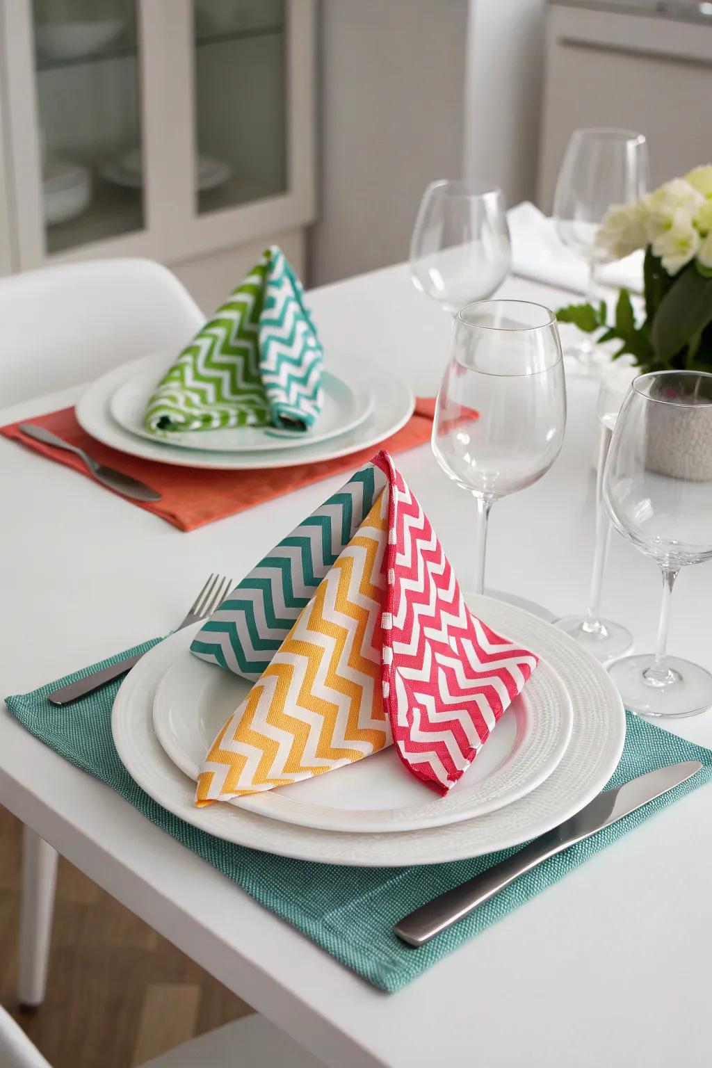 Chevron folds add a modern touch to your table.