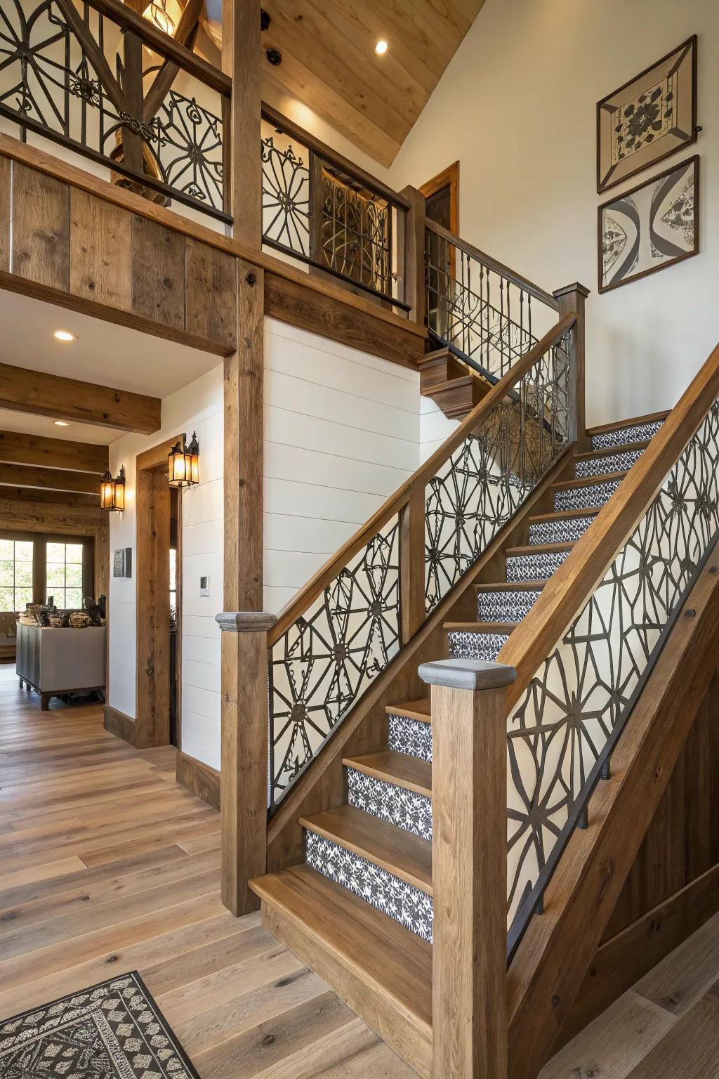 Geometric patterns add a modern twist to farmhouse railings.