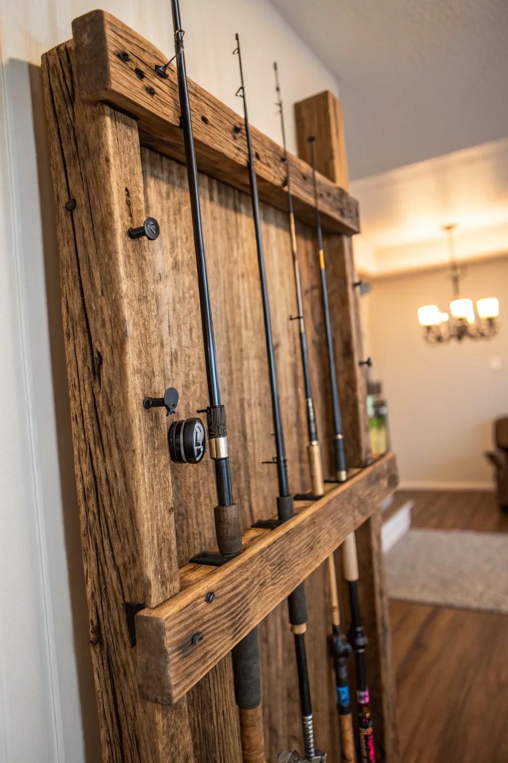 Elevate your fishing rod storage with rustic elegance.