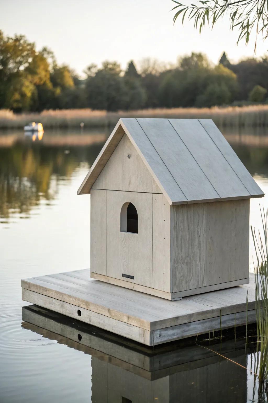 Elevate your pond with a minimalist modern duck house that blends contemporary design with nature's serenity.
