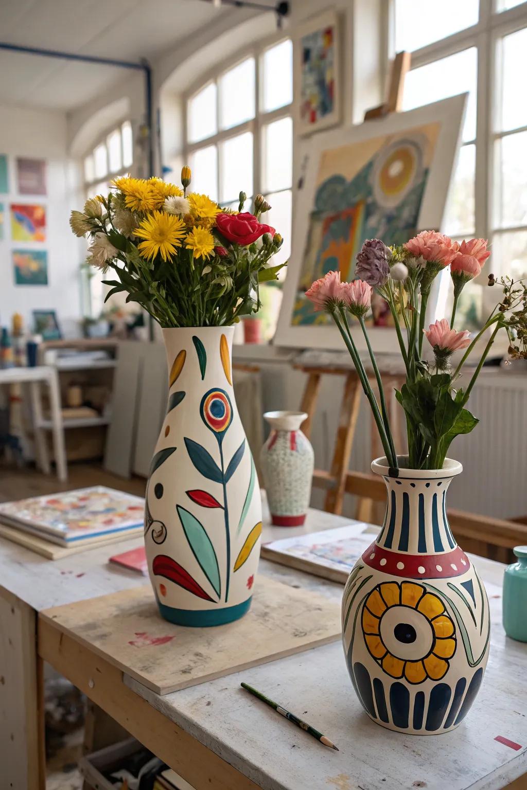 Hand-painted vases showcase artistic creativity.