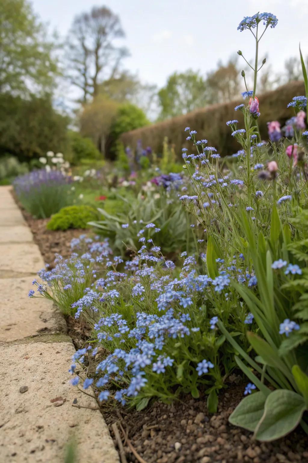 Companion planting with forget-me-nots creates a harmonious garden.