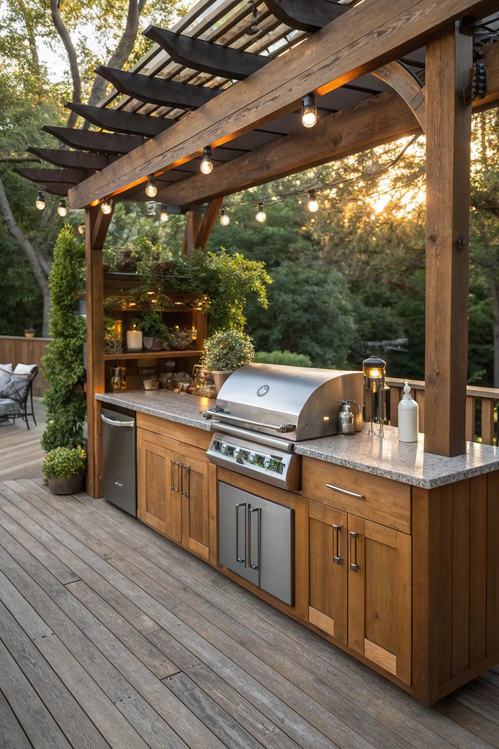 Elevate your outdoor gatherings with a stylish deck kitchen that combines rustic charm and modern functionality.