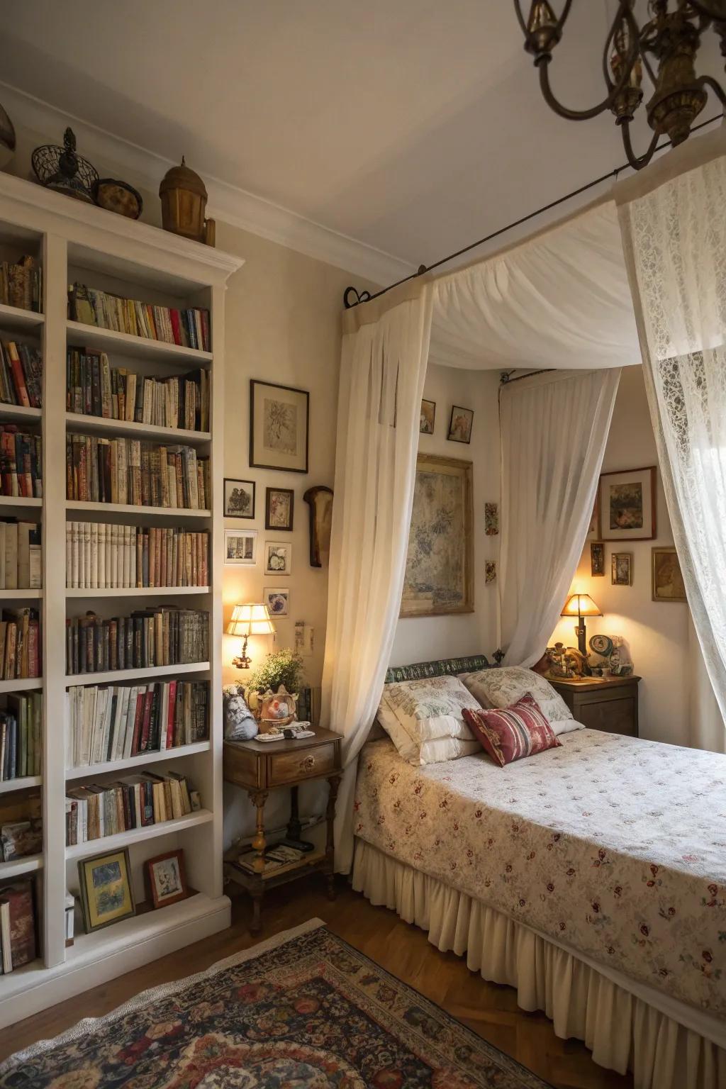 Personal collections add charm and personality to this French bedroom.
