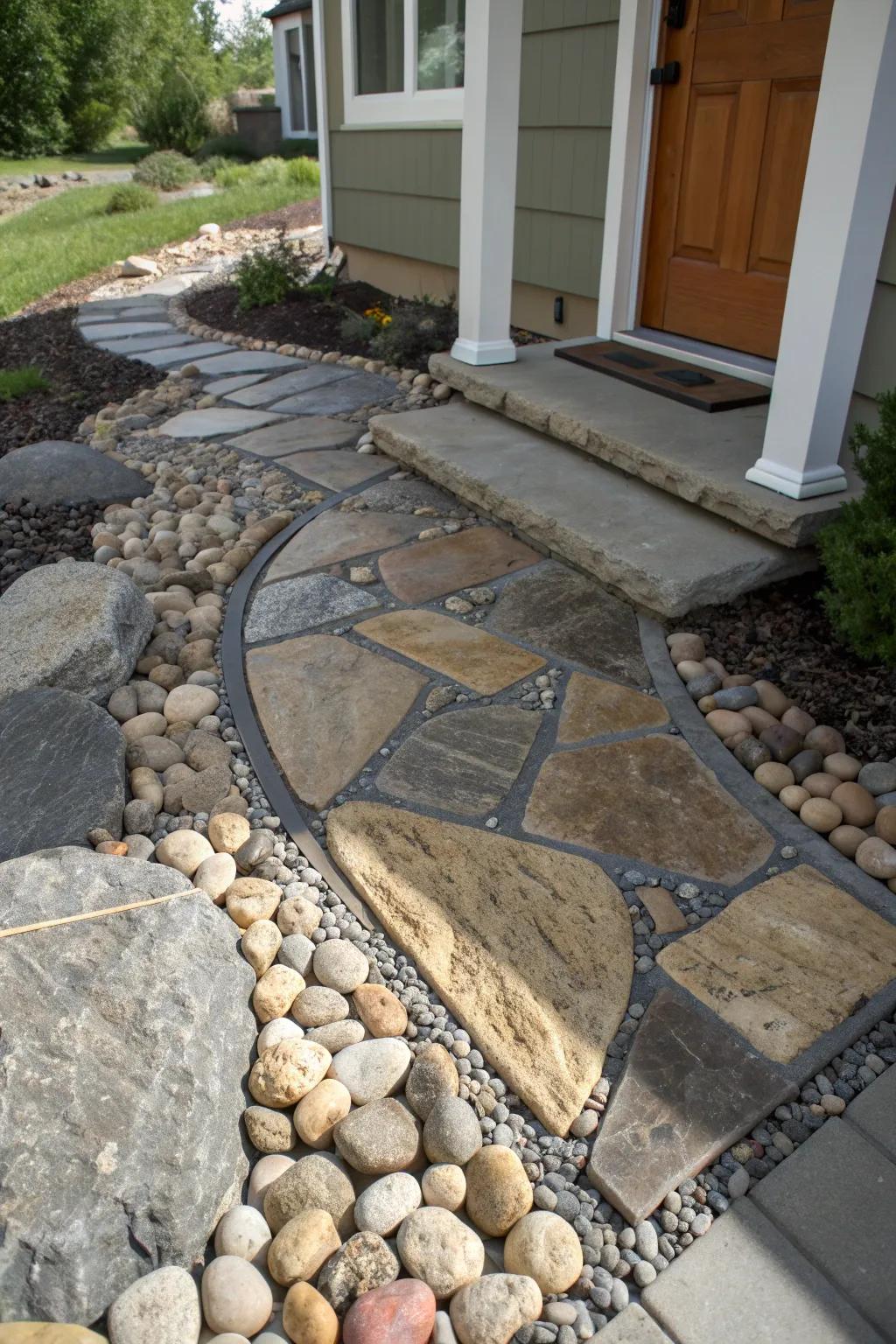Step into texture: A masterful blend of stones for a unique entrance experience.
