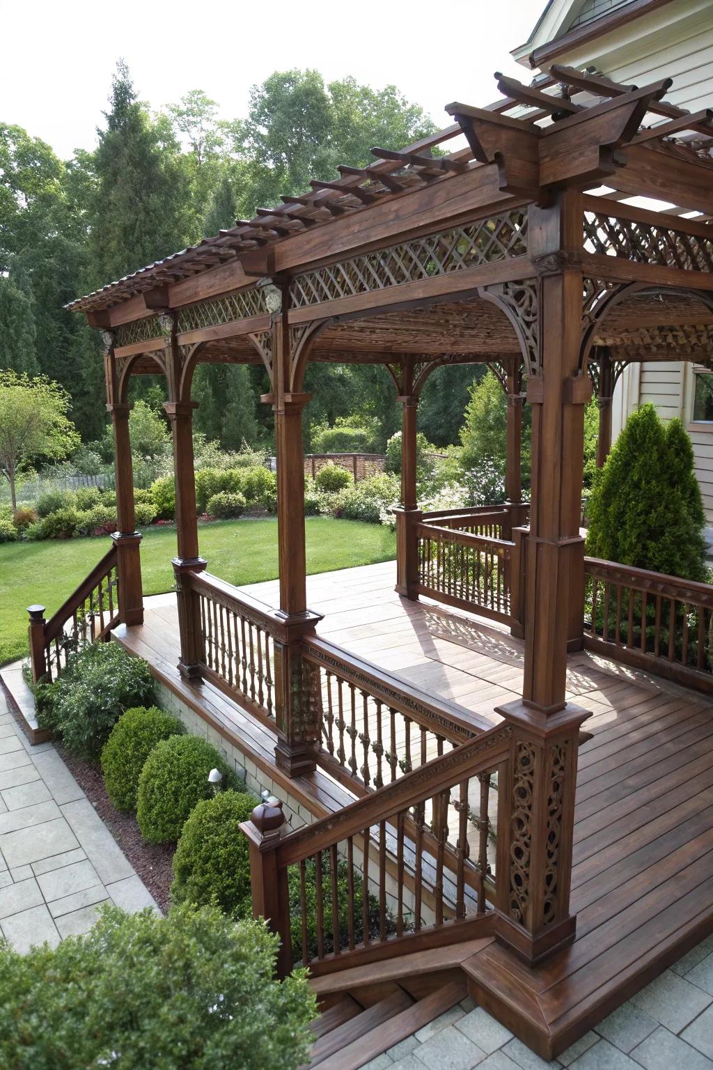 Elevate your front porch with a striking multi-level pergola that combines craftsmanship and architectural flair.