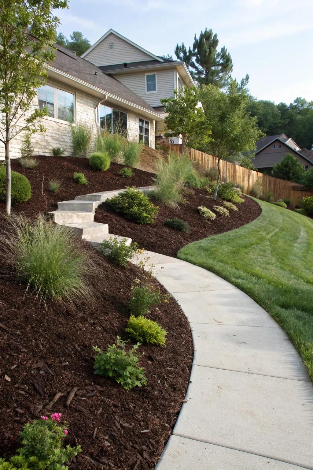 Embrace the elegance of nature with slope-defining mulch for a stunning front yard transformation.