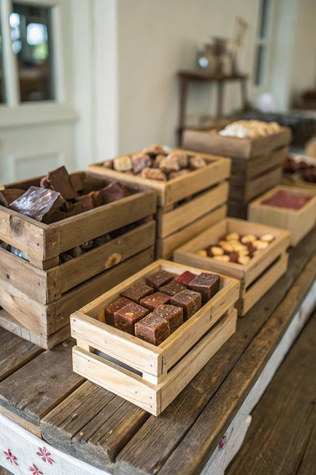 Rustic fudge display in miniature wooden crates.