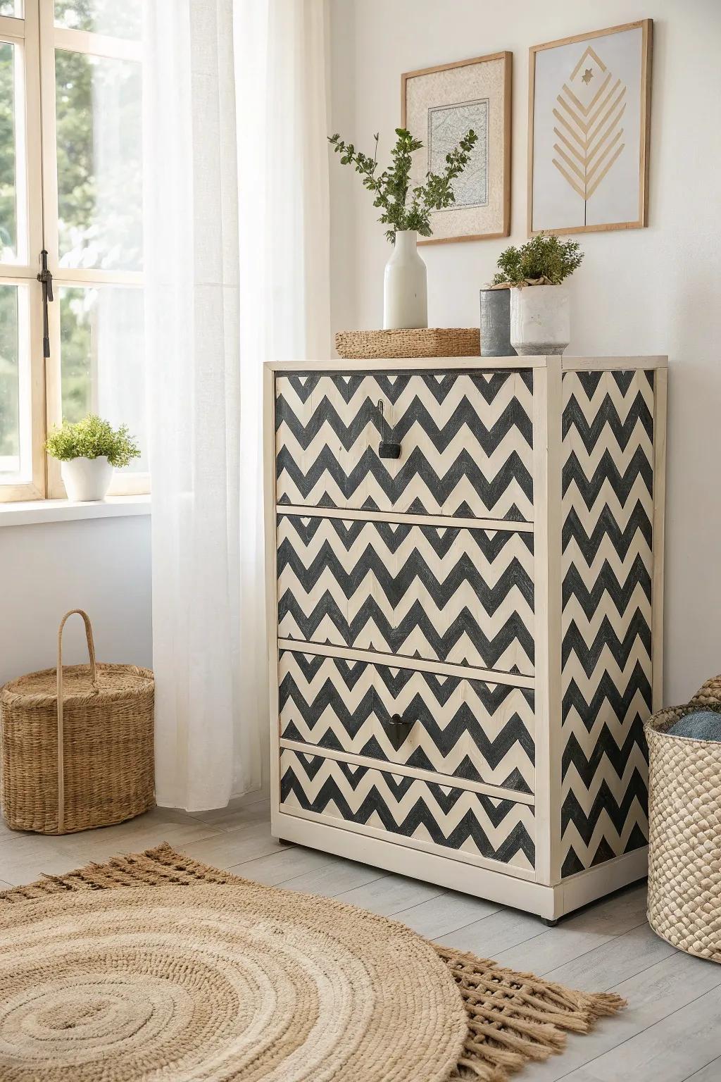 Transform your space with this eye-catching Chevron Storage Cabinet, where bold design meets minimalist elegance.