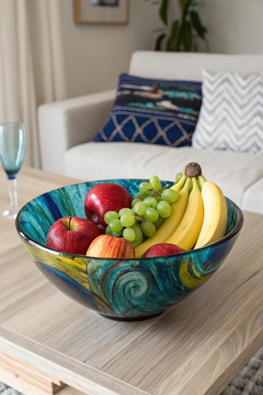 A splash of color and craftsmanship – this vibrant glass bowl makes a stunning centerpiece for your minimalist home.