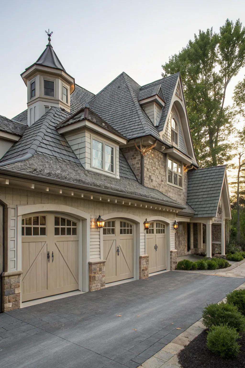 Hipped dormers bring sophistication and complexity to garage design.