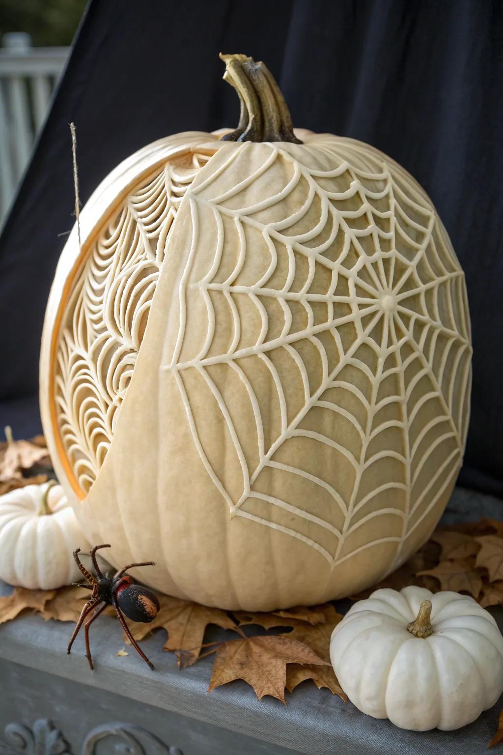 Masterful Carving: A Spooky Spider Web in Pumpkin Artistry