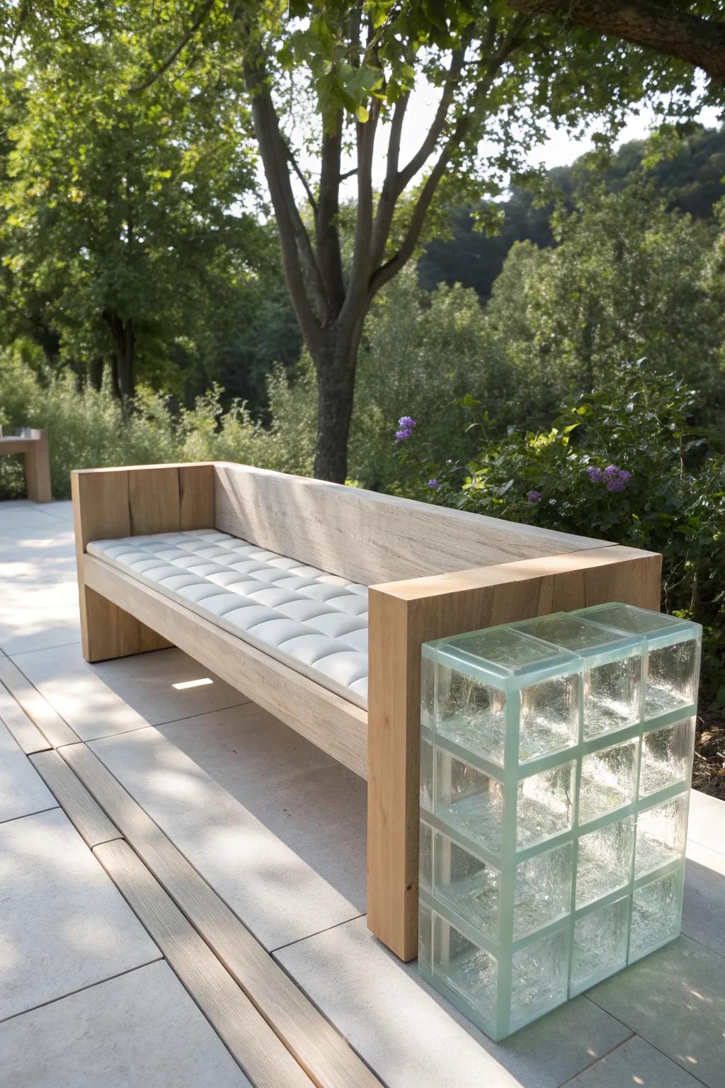 Elevate your patio with the chic elegance of glass block and wood craftsmanship. #OutdoorOasis #ScandiBoho